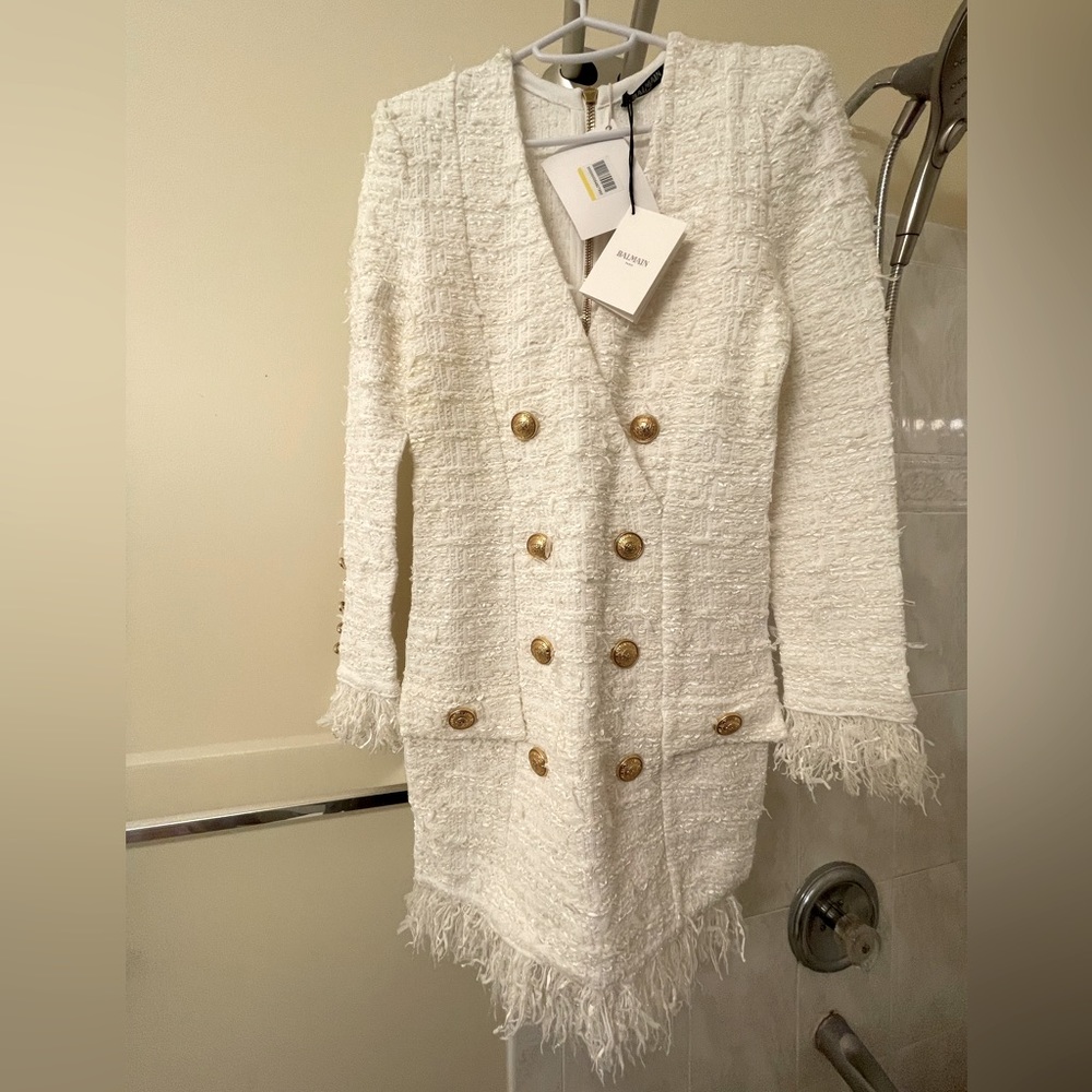 Balmain Double-breasted fringe-trimmed bouclé-tweed mini dress